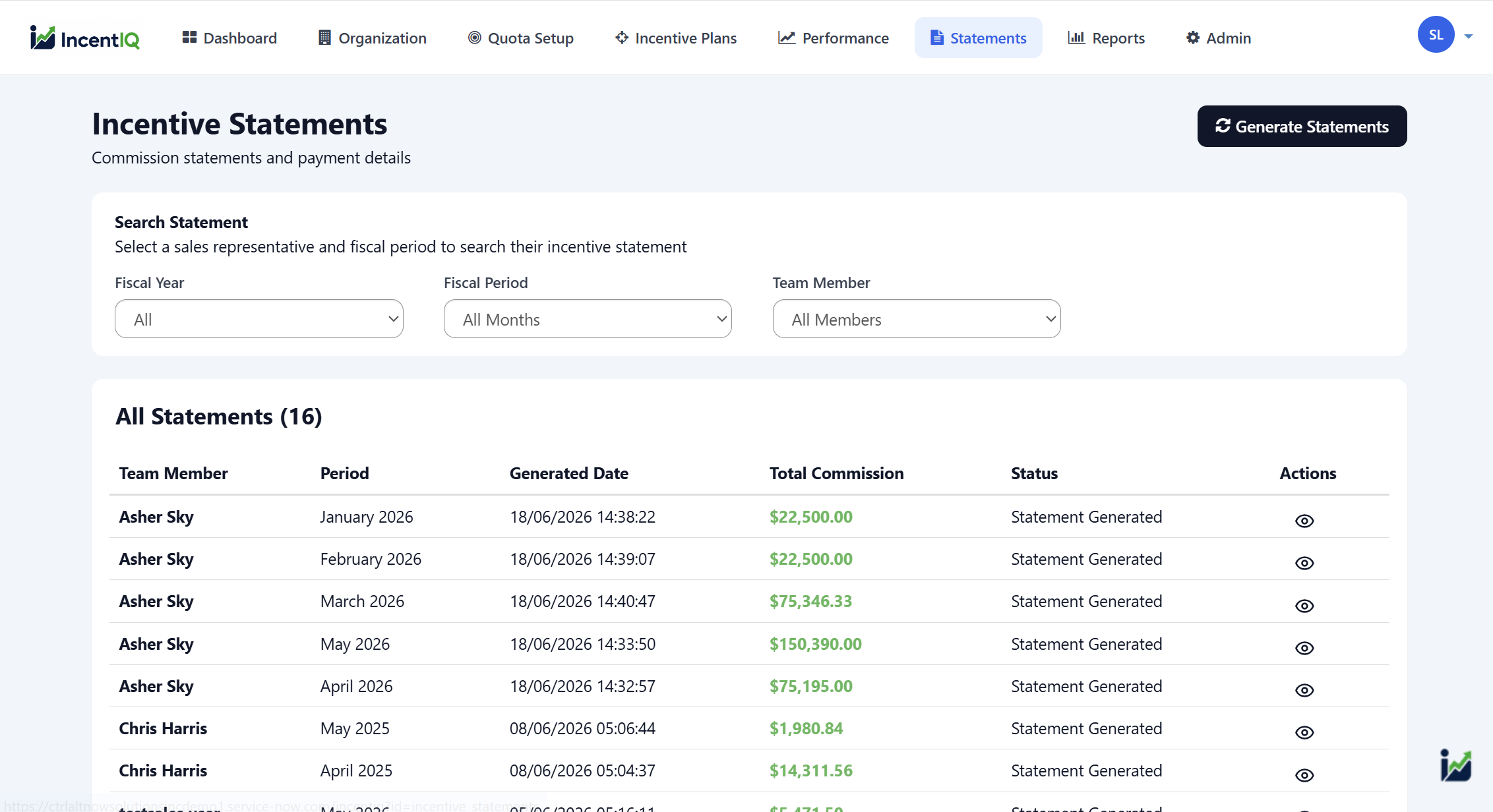 Generate and view the list of incentive statements.